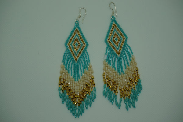 Huichol beaded earrings - turquoise/gold/white