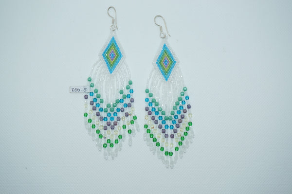 Huichol beaded earrings- white/turquoise/green/purple